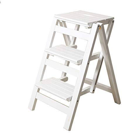 LIYFF-Klappstufen Hölzerner faltender Leiter-Stuhl-Schemel 3-schichtiger Schritt Erwachsenbibliothek-Hauptküche Badezimmer-Bibliotheks-Möbel Max.150KG - Weiß