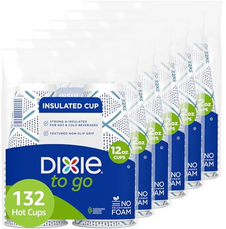 Dixie To Go Paper Coffee Cups, 12 oz, 132 Count (6 packs of 22 cups), Disposable Insulated Paper Cups for On-The-Go Hot or Cold Beverages