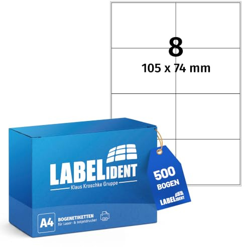Labelident Laser-Etiketten 105 x 74 mm weiß - 8 Etiketten pro A4-Bogen - 4.000 Etiketten (500 DIN A4 Bögen) geeignet für Laser- & Inkjetdrucker