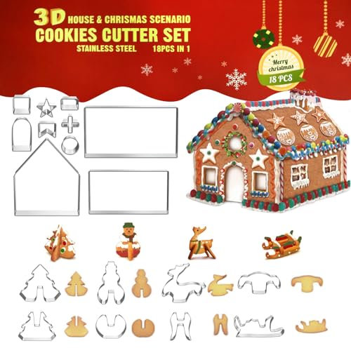 HONGECB 3D Casa Galleta De Jengibre, Juego de cortador de galletas Christmas Gingerbread House, Acero Inoxidable Molde para Galletas Navideñas, Navideñas para Accesorio de Cocina (18 Piezas)