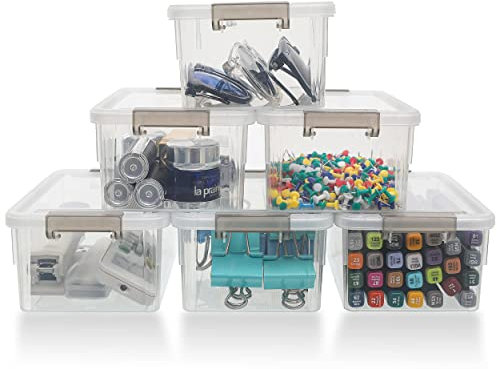 Citylife 6 x Scatole Plastica con Coperchio, Contenitori in plastica da 1.25 l con coperchio, impilabili, con clip nero, puzzle, cancelleria e altri prodotti di bricolage,17,7 x 13 x 8,2 cm