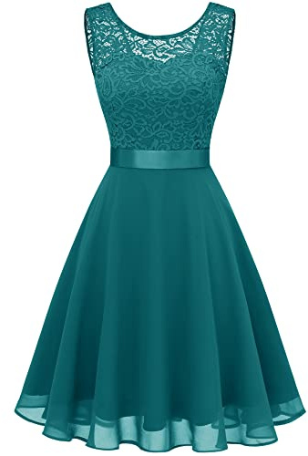 Berylove Cocktail Dress Women's Evening Dresses Elegant for Wedding Dress Wedding Guest Chiffon Sleeveless Lace Dress, Short Peacock Green, S