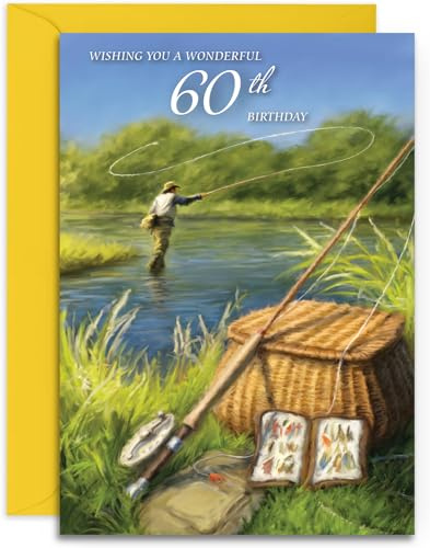 Geburtstagskarte zum 60. Angeln, von Olivia Samuel, glänzend, mittelgroß, A5-Format, 148 mm x 210 mm, mit Haftklebung