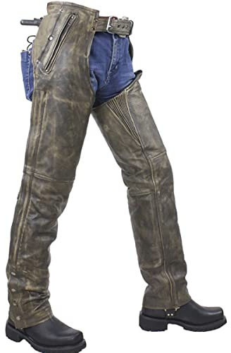 bikersgearonline Men's Riding Distressed Brown Butter Soft Leather Motorcycle Chaps W/Zip-out Liner (Large)