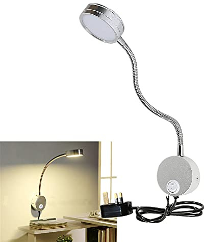 BoYeeBo Flexible Arm 5W LED Bedside Reading Lights, Wall Mounted LED Wall Lamp Working Study Headboard Light with Plug & Switch for Bedroom, Office, Workbench, Studio (Silver, 3000K)