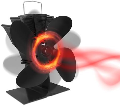 AufuN 4-Blade Kaminventilator, Stromloser Ventilator für Kamin Holzöfen Öfen, Geräuscharmer Betrieb, Ventilator Ofenventilator Feuerstelle Kaminöfen für Holz- / Holzbrenner/Kamin erhöht (Schwarz)