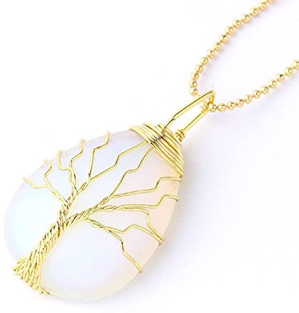 &ET Edelstein Kette, Goldene Wicklung Umwickelt Natürliche Edelstein Tropfenform Opal Anhänger Lebensbaum Halskette Mit Goldener Kette Weihnachtsschmuck für Damen Herren
