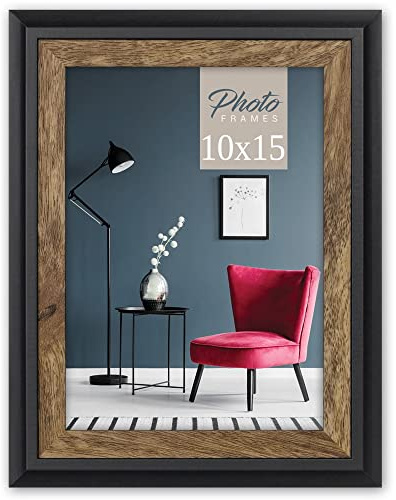 matches21 HOME & HOBBY Moderner Echtholz Bilderrahmen für 10x15 cm/Din A6 Bilder - Fotohalter mit Passepartout Holz-Rahmen in schwarz braun - Vintage Fotorahmen als Wohnzimmer Treppenaufgang Wanddeko