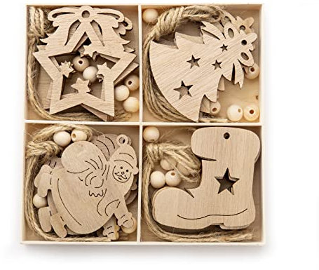 TAIYOU 20pcs Décorations Noël Sapin en Copeaux de Bois - Accessoires Pendentif pour Arbre de Noël - Ornements pour Étiquette Cadeau et Décoration Maison - 4 Modèles