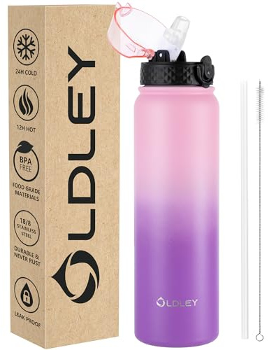 OLDLEY Edelstahl Trinkflasche mit Strohhalm, 1L Isolierte Trinkflasche, Thermosflasche BPA-freie - Auslaufsicher Metall Wasserflaschen Hält Heiß und Kalt für Sport Gym Schule (Rosa Lila,1 Deckel)