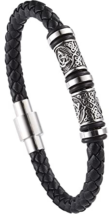 Herr Viking Beads Läderarmband - Nordic Stainless Steel Celtic Knot Beads Flätat Rep Armband - Handgjorda Vintage Pagan Bangle Smycken(Black,19CM)