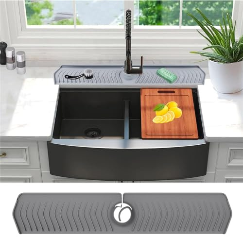 Large Size Kitchen Sink Splash Guard, 30Silicone Faucet Handle Drip Catcher Tray Mat for for Kitchen Countertop, Bathroom, Farmhouse (Grey, 30 x 5.7)