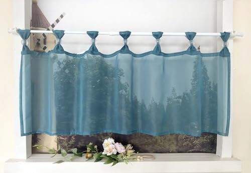 Devola Scheibengardine Einfarbig Bistrogardine Voile Kurzgardine Transparent Küchengardinen Modern mit Schlaufen Cafe Gardinen Kurzstores Gardinen HxB 45x90cm Blau 1 Stück