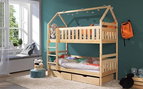 KEF-MEBLE Ada Etagenbett Kinder 80x160 cm - Hausbett - Holz Kinderbett - für Zwei Kinder - Holzbett mit Schubladen - Massivholz Kinder Bett mit Lattenrost - Kiefer - mit Matratze - Leiter Links