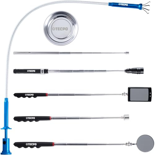 TECPO Teleskop Inspektionsspiegel Mechanischer Autospiegel Magnetheber 84cm Magnet Teleskopspiegel Auto Reparatur LED Teleskopgriff mit Licht Ausziehbar, Faltbar praktischer Handspiegel