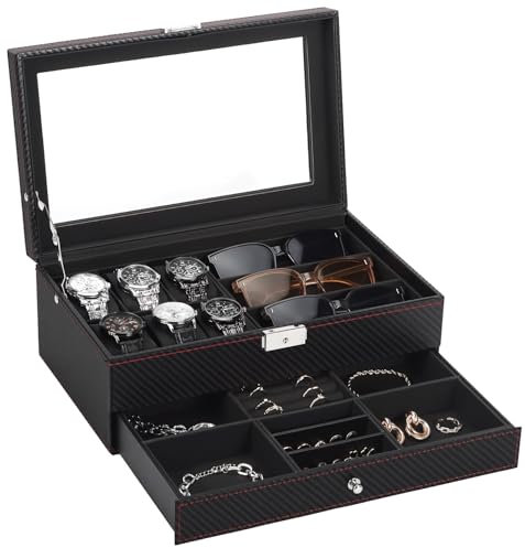 Uhrenbox, Herren-Schmuckschatulle aus Leder mit 6 Schlitzen und 3 Schlitzen, Sonnenbrillen-Organizer, 2 Ebenen, abschließbarer Uhrenhalter, Organizer mit Glasdeckel für Ohrringe, Ringe, Armbänder,