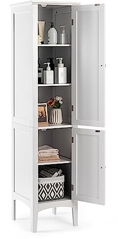 Multigot Bathroom Tall Cupboard (White) | Slim Floor Cabinet with 5-Tier Shelves & 2 Doors, Freestanding Storage Unit for Bedroom Kitchen Living Room