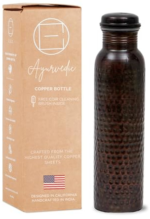 AVA DESIGNZ Bouteille d’Eau en Cuivre Noir Martelé 950 ml – Gourde Ayurvédique Métal Étanche Sans BPA pour Sport & Gym, Yoga, Voyage et Bureau – Bouteille 100% Cuivre Pur Sans Joint