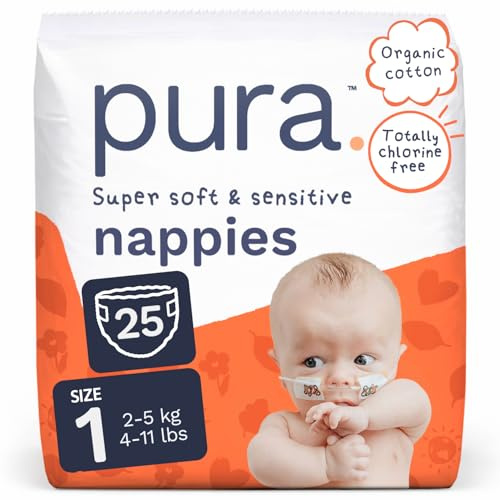Pura Windeln für Neugeborene, Größe 1 (2–5 kg), 1 Packung (25 Windeln), perfekt für empfindliche Haut, Bio-Baumwolle, Nässeindikator, Nabelschnurausschnitt, neue Größentabelle