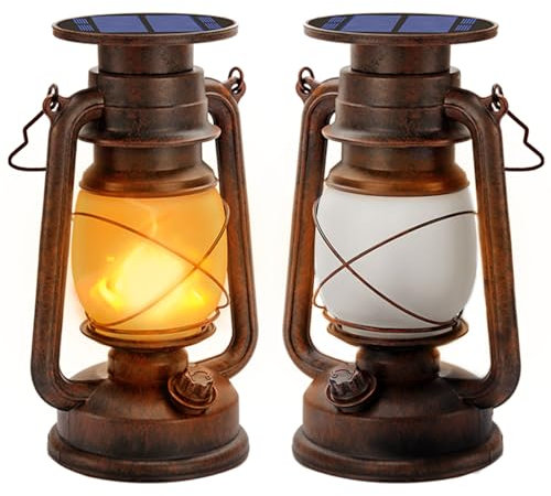 Lot de 2 lanternes solaires vintage - Blanc chaud - Ultra lumineuses - Pour l'extérieur - Design rétro - Lanternes LED étanches avec aspect flamme pour jardin et camping