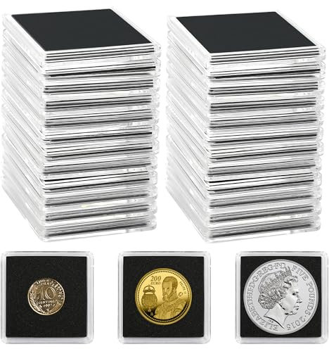 Uncle Paul Capsules pour pièces de Monnaie, 25 pièces, Porte-Monnaie avec 5 Tailles de Joints Noirs 20/25/30/35/40 mm, étuis Transparents pour pièces de Monnaie, Fournitures de Collection