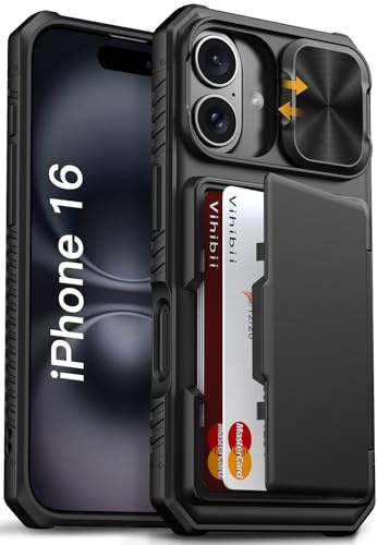 Vihibii for iPhone 16 Case Wallet with Card Holder (4 Cards), Black | Slide Camera Cover, Military Grade Drop Protection, Rugged Hard Back & Silicone Edge Phone Case, 6.1 2024