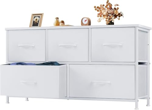 DUMOS Kommode mit Schubladen - Kommoden & Sideboards für Schlafzimmer Geeignet, Komodenschrank mit 5 Schubladen, Stoffkommode mit Stabilem Stahlrahmen, Ideal für Schlafzimmer, Wohnzimmer (Weiß)