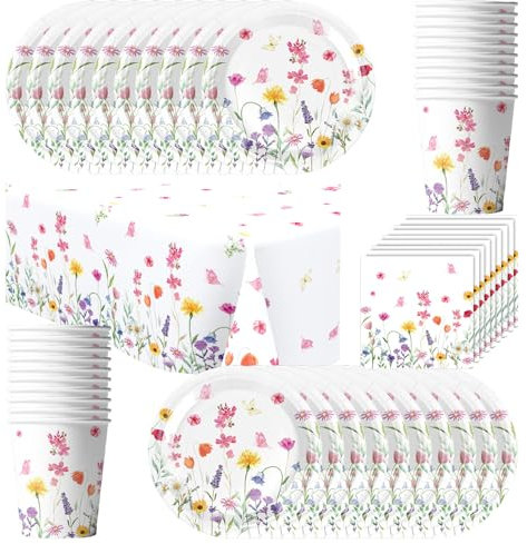 Vajilla de fiesta de flores de primavera, 61 piezas, con platos, vasos, servilletas y manteles para fiestas de cumpleaños para 20 personas