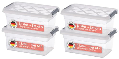 Blumtal Aufbewahrungsbox mit Deckel 5L aus Kunststoff - Aufbewahrungsboxen 28x19x12,5 cm - Stapelboxen 100% Neumaterial - Kisten Aufbewahrung mit Deckel & Verschlussclip - Ordnungsboxen 4er Set