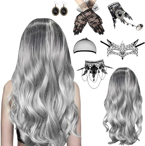 7Pcs Karneval Perücke Grau Damen, Perücke Karneval Damen, Lange Gewellt Silber Grau Perücke, Grey Wig Lang Haar Gelockt, Hexenperücke Gotisch Halskette Armbänder, Perücke Damen für Halloween Karneval