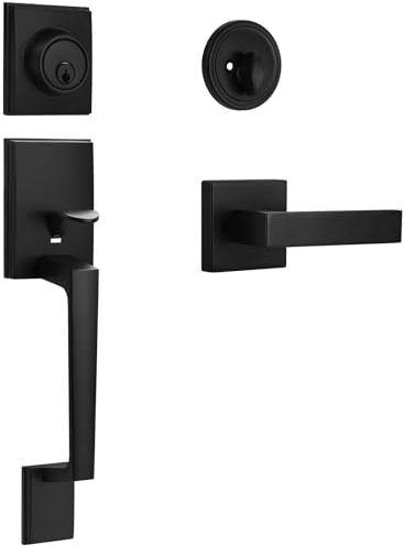 Matte Black Front Door Handle and Single Cylinder Deadbolt Combo Set, Black Exterior Door Lever, Heavy Duty Modern Front Door Lock Set, Reversible for Right & Left