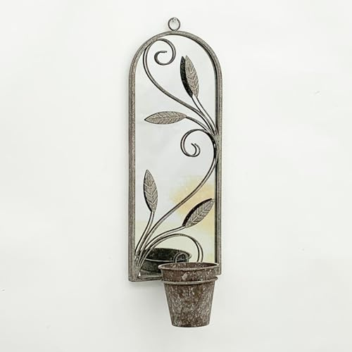 Elegant Rustic Arched Garden Wall Mirror with Flower Pot Holder - Patina Finish, Glass & Metal Frame, 60cm Height - Perfect Planter for Balcony, Porch & Outdoor Aesthetics (1, Antique Design)