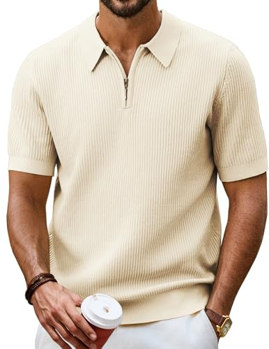 PJ PAUL JONES Camisas polo de manga corta con cremallera de un cuarto para hombre, camisas casuales de golf, albaricoque, L