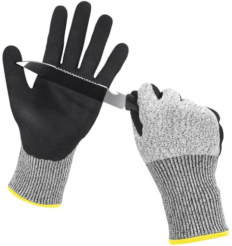 Ainiv 2 Pares Guantes de Trabajo, Antideslizantes Guantes Anticorte, 5 Nivel Guantes Trabajo Hombre y Mujeres, Guantes Jardineria con Revestimiento de Nitrilo, Guantes Trabajo Profesionales (Negro, M)