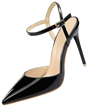 UnoSheng Zapatos Mujer Tacón Invierno Simple Stiletto Alto Tacón Shallow Mouth Pointed Cuero Sexy Nightclub Slim One Strap Women's Sandals Canvas Zapatos Mujer Rojo, Negro , 36 EU