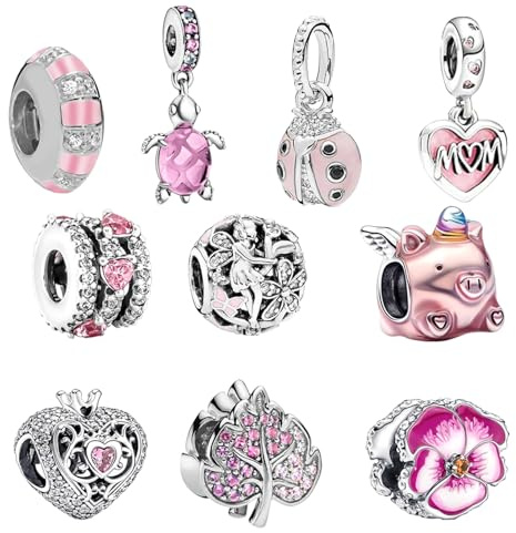 10 Pcs Spacer Beads Charms for Bracelet Making, Pink Pendants Beads for Jewelry Making, Polished Charms for Pandora Bracelet, Jewellery Gifts for Mom Girls Teen Family (Colour A)