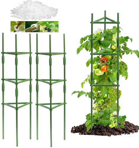 Lot de 2 supports pour plantes grimpantes de 120 cm avec 50 clips pour tomates, concombres, tour de tomates, robuste et durable, support de tomates