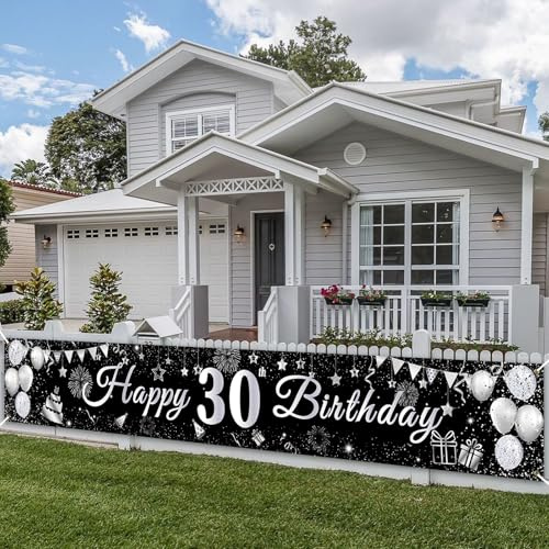 PartyYaa 30. Geburtstag Banner, 30. Geburtstagsbanner Deko, Extra Großes Happy Birthday Banner Party Fotoautomaten Hintergrund Deko Schild Poster für Männer und Frauen (Silber Schwarz)