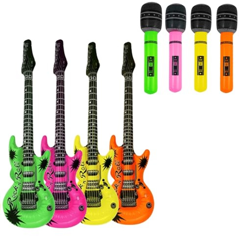 4PCS Inflatable Guitar & Microphone Set – 2 Guitars (55cm) & 2 Microphones (25cm) – Assorted Neon Colours – Music Theme Party Decorations for Kids & Adults