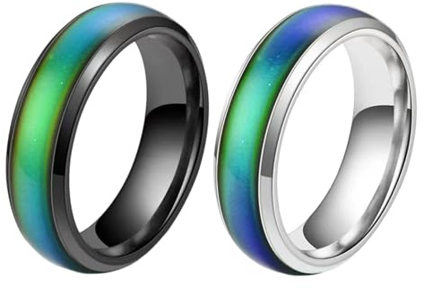 LIUQOBN Lot de 2 bagues d'humeur en acier inoxydable à changement de couleur pour petite amie, couple, bijoux tendance, cadeau d'anniversaire, de Saint-Valentin, d'anniversaire de mariage
