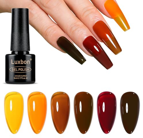 Luxbon 6 Stück Jelly Gel Nagellack-Set - Herbstfarben-Set Langlebiger Herbst-Gel-Lack, UV-led Soak Off Nail Art Designs Maniküre-Kit 020