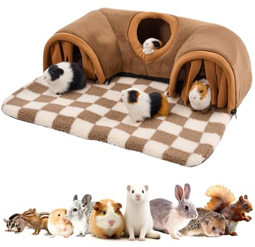 Avont Guinea Pig Hideout Tunnel, Large Animal Hideaway Play Tube Toys Mat, Soft Sleeping Bed House for Dwarf Rabbits Chinchillas Hamsters Hedgehogs Ferrets Bearded Dragons and Rats -Brown