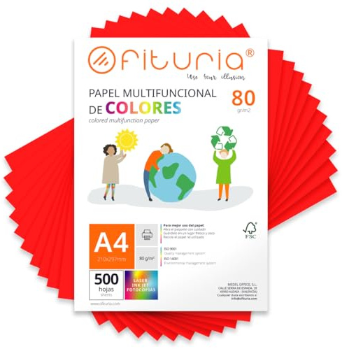 OFITURIA Buntes Papier, 500 Blatt A4 80g – Farbiges Papier für Basteln, Drucker, Scrapbooking – Farbbögen (Rot, 500 Blatt)