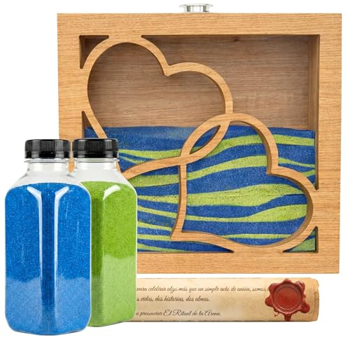 Kit Rituale di Sabbia per Matrimonio con Cornice Cuori - Cerimonia Simbolica d'Amore - Include 2 Colori di Sabbia (800g c/u) - Regalo San Valentino - Modello Quercia (Quercia, Blu/Verde)
