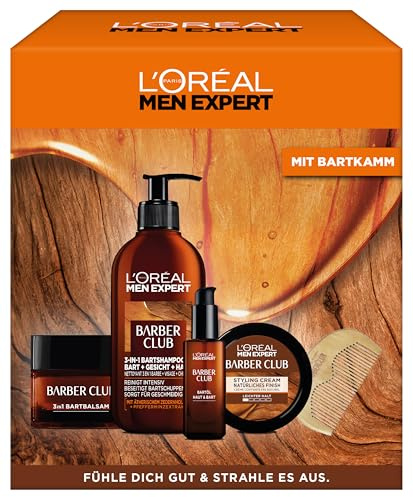 L'Oréal Men Expert Barber-Geschenk-Set für Männer, Geschenkset mit Bartshampoo, Bartbalsam, Bartöl, Pomade & Bartkamm, Barber Club, 1 x 30 ml, 1 x 200 ml, 1 x 75ml, 1 x 50ml