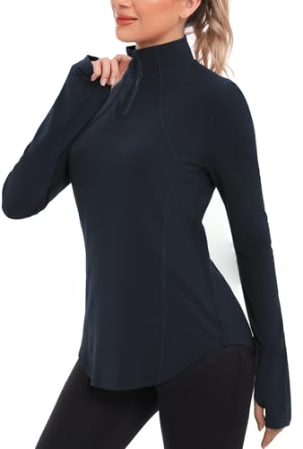 Crewhpo Maglia Sportiva Donna Manica Lunga Magliette Sportive Traspirante con Cerniera 1/4 Maglietta da Corsa con Pollice Foro Maglia Running Aperture per i Pollici per Yoga Fitness Palestra Blum