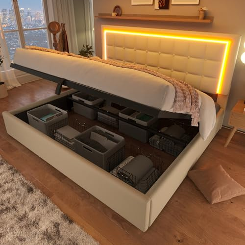 RIAZOS LED Bett 140x200 cm, Polsterbett mit Stauraum, Stauraumbett mit Hydraulisch, Doppelbett Bettgestell mit Lattenrost & Bettkasten & Kopfteil, PU-Oberfläche, ohne Matratze, Weiß