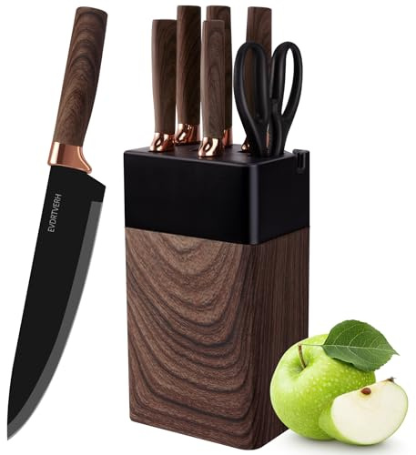 lapelux Knife Set,6 Piece Kitchen Knife Set-Kitchen Knives with Block, Wood Grain Handle, Stainless Steel Knivese with Chef, Bread Knife,for Cutting Meat/Vegetables/Fruit.