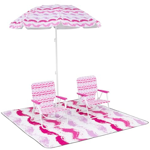 GIANTEX Juego de 2 Sillas de Playas Plegables con Alfombrilla, Sombrilla Inclinable con Bolsa de Transporte, Sillas con Bolsillo Trasero, Carga hasta 150 kg, para Camping, Picnic (Rosa)