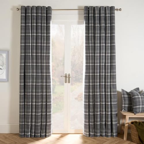 OHS Charcoal Grey Curtain Eyelet for Living Room Bedroom, Soft Luxury Winsford Woven Check Blackout Thermal Curtains Decorative Fully Lined Curtains 2 Panel, 46 x 72